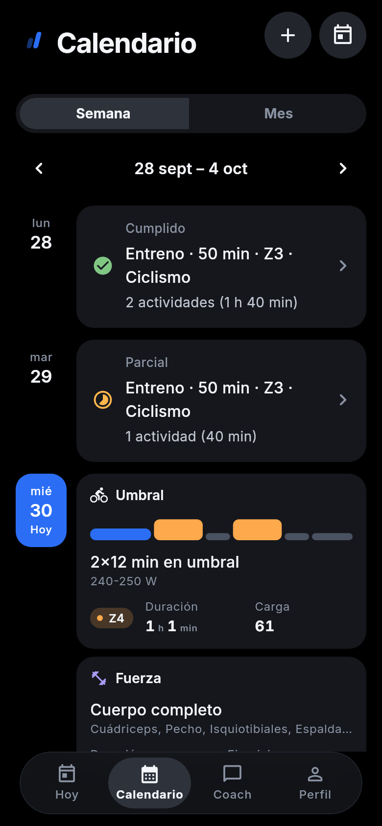 Calendario semanal con sesiones cumplidas, umbral en bici y fuerza de cuerpo completo