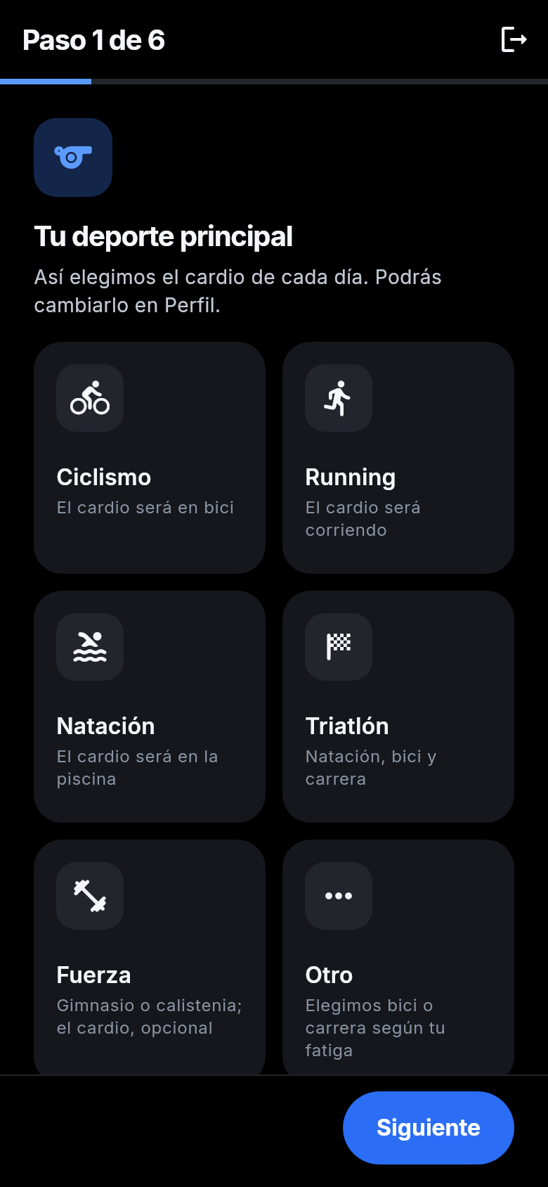 Elección del deporte principal: ciclismo, running, natación, triatlón, fuerza u otro