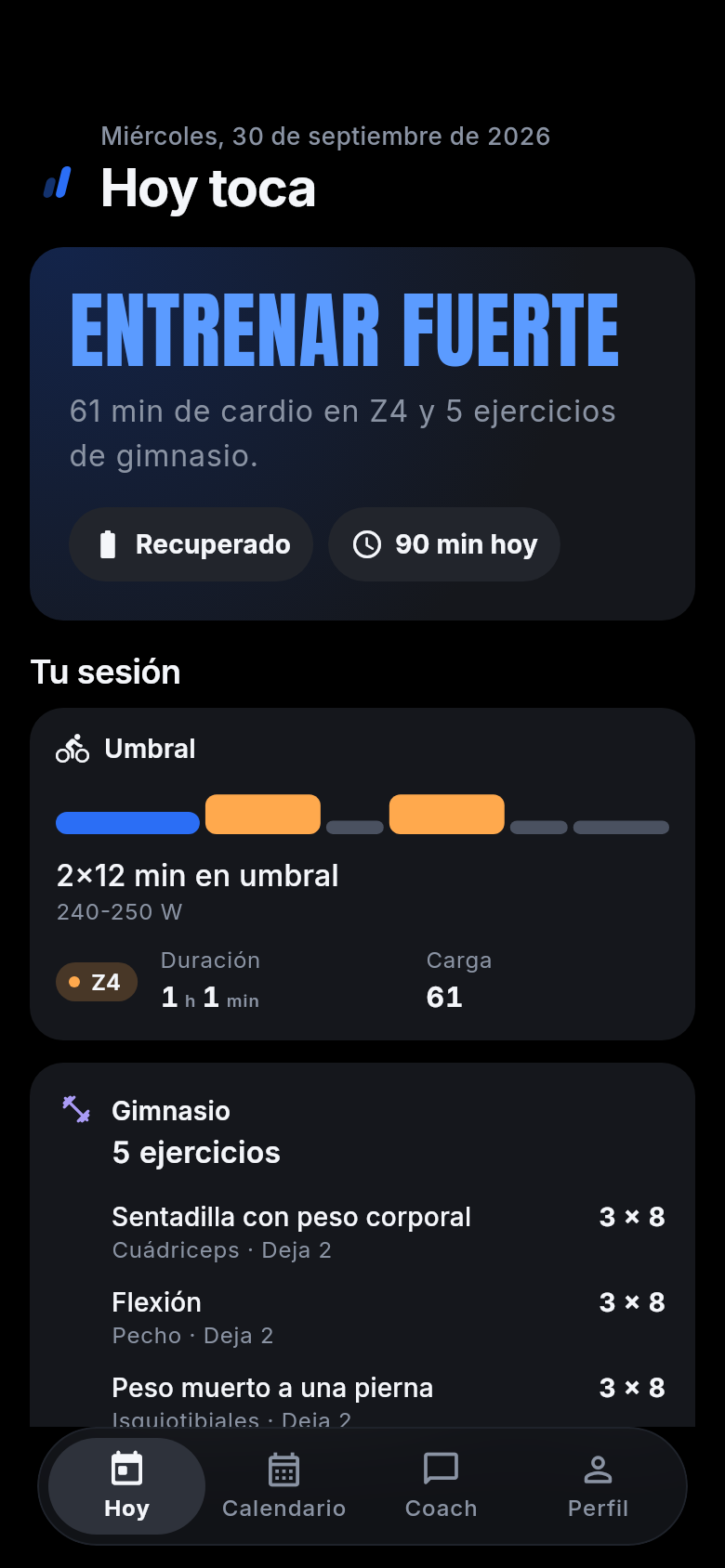 Pantalla Hoy de Hybro: entrenar fuerte, 2×12 min en umbral en bici y 5 ejercicios de gimnasio