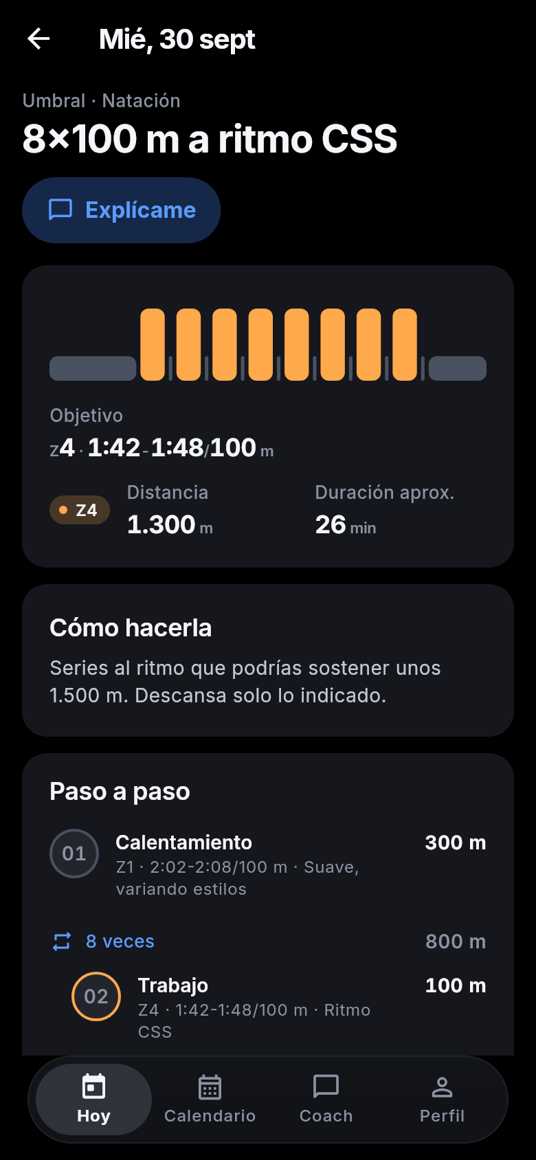 Sesión de natación de 8×100 m a ritmo CSS