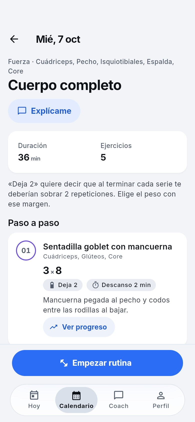 Rutina de cuerpo completo en modo claro, paso a paso con series, esfuerzo y descanso