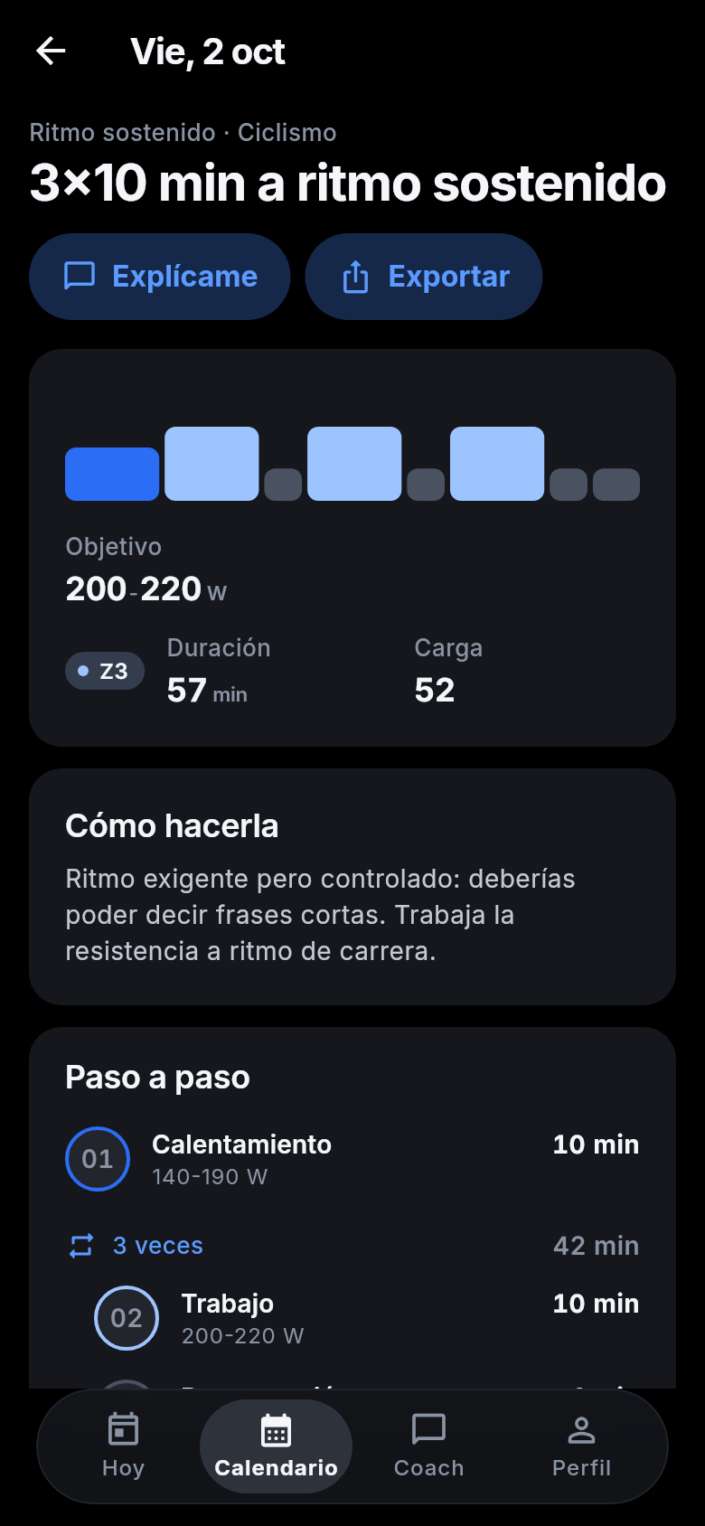 Sesión de 3×10 min a ritmo sostenido con objetivo en vatios, paso a paso y botón Exportar